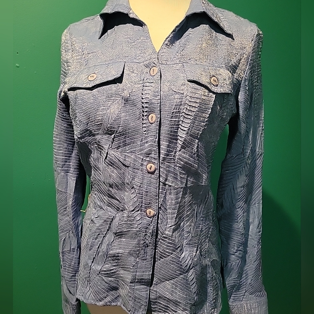 Erin London Sz SM Vibrant Blue Buttonup Blouse Shirt Top Artsy Professional